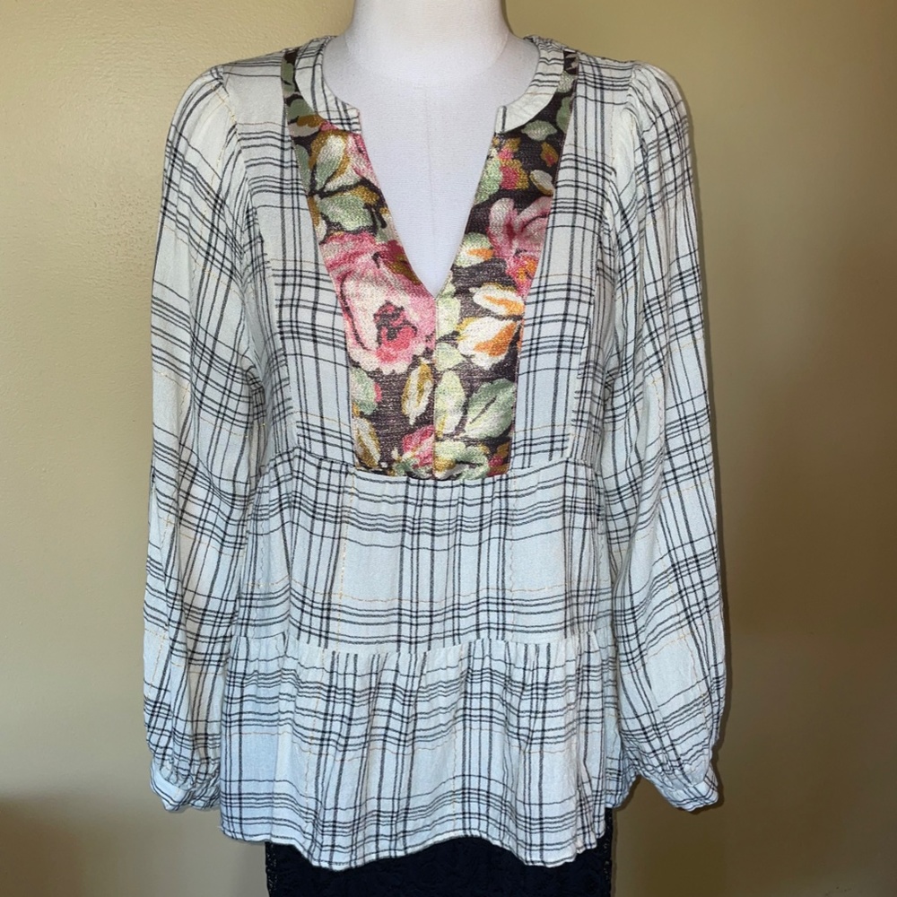 Anthropologie Ivory Black Plaid Peplum Rose Floral Gold Metallic Tunic Blouse